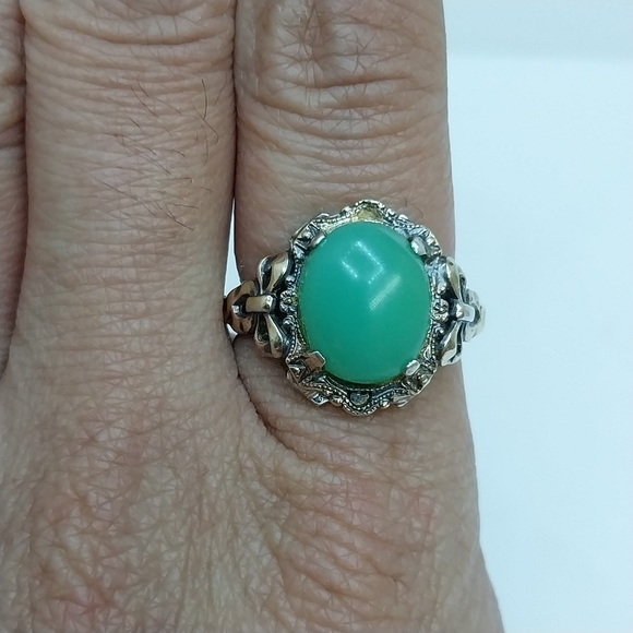 Antique Art Nouveau Clark Cloombs Chrysoprase Cabochon Ring Sterling 10K 5.5 - Picture 9 of 9